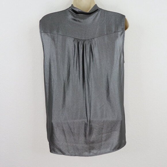 Calvin Klein Womens Large Metallic Silver Gray Sleeveless Neck Tie Shirt Blouse - Picture 4 of 8